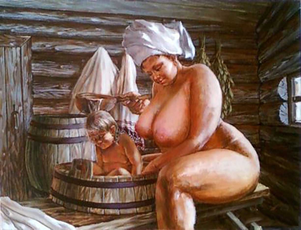 Пышная голая парнем в бане